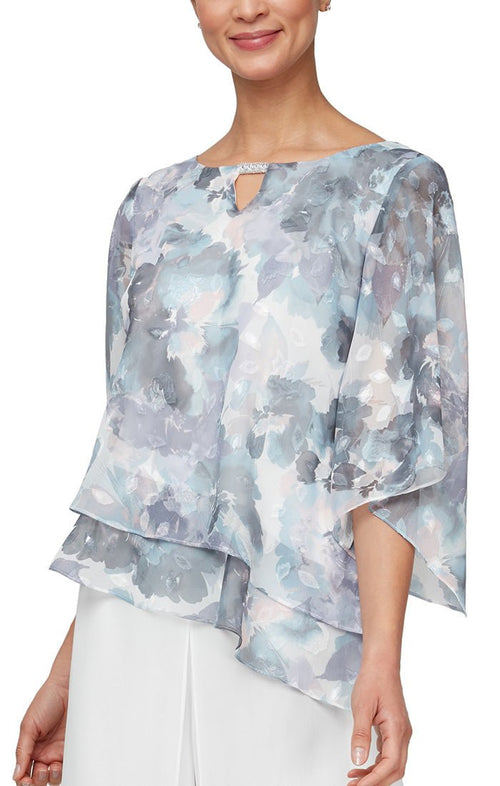 3/4 Sleeve Printed Blouse with Embellished Cutout Neckline & Asymmetric Tiered Hem - alexevenings.com