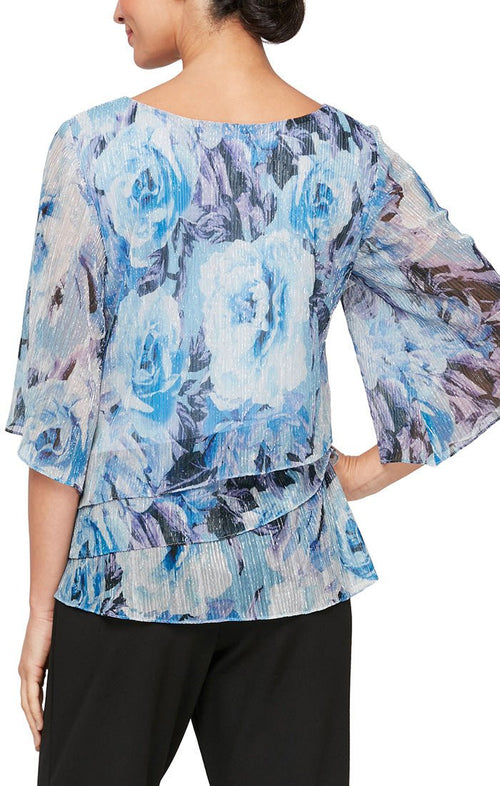 3/4 Sleeve Printed Blouse with Tiered Hem - alexevenings.com