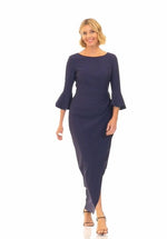 Compression Collection Long Sheath Dress with Bell Sleeves, a Cascade Ruffle Tulip Hem Skirt & Embellishment Detail at Hip