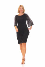 Sheath Dress with Embellished Illusion Split Sleeves & Cascade Ruffle Detail Skirt