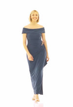 Long Off-the-Shoulder Matte Jersey Dress with Foldover Cuff, Embellishment Detail at Hip and Cascade Ruffle Skirt