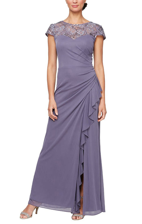 Cap Sleeve Dress with Embroidered Illusion Neckline & Cascade Detail Skirt - alexevenings.com