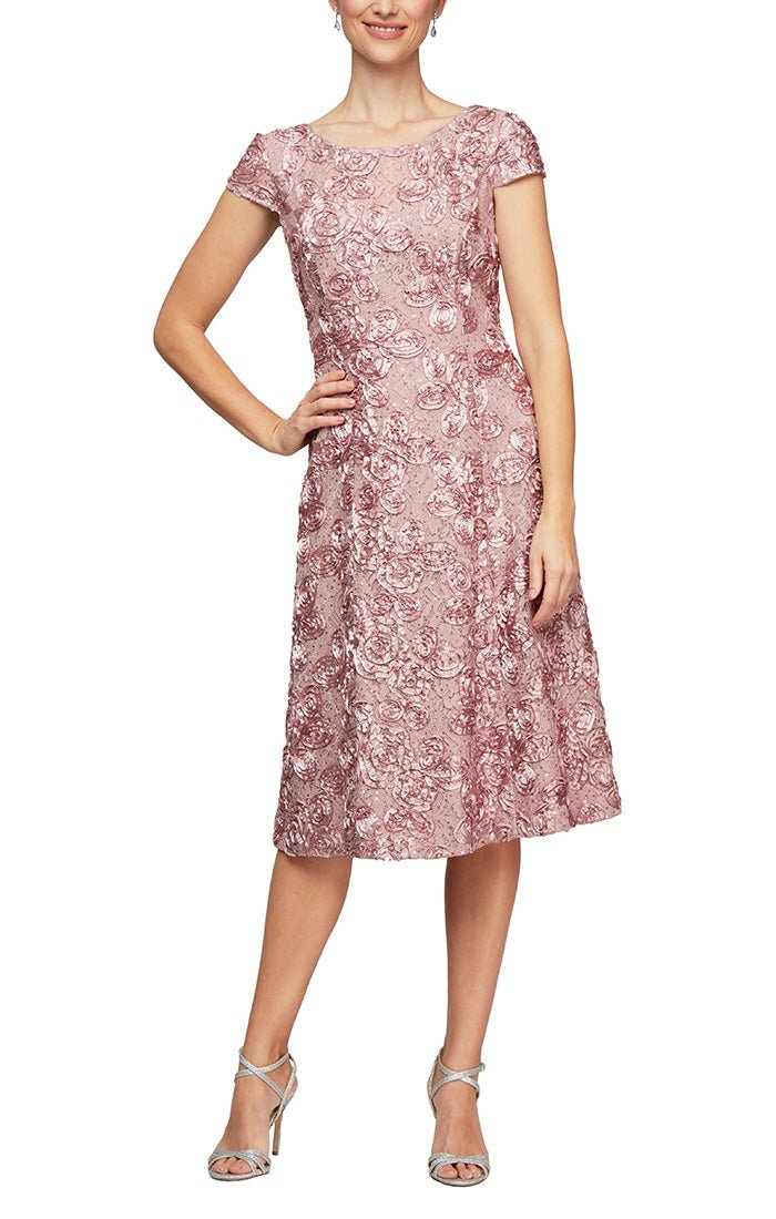 Cocktail Dress in Rosette Lace with Cap Sleeves