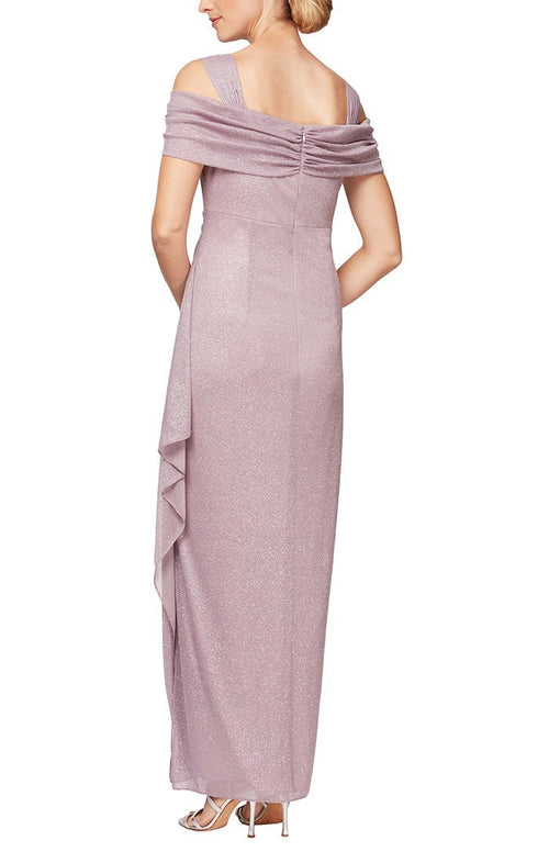 Cold Shoulder Glitter Mesh Dress with Draped Skirt & Cowl Neckline - alexevenings.com