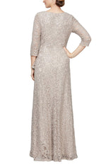 Long A-Line Sequin Lace Gown with 3/4 Sleeves and Cascade Detail Front Slit - alexevenings.com