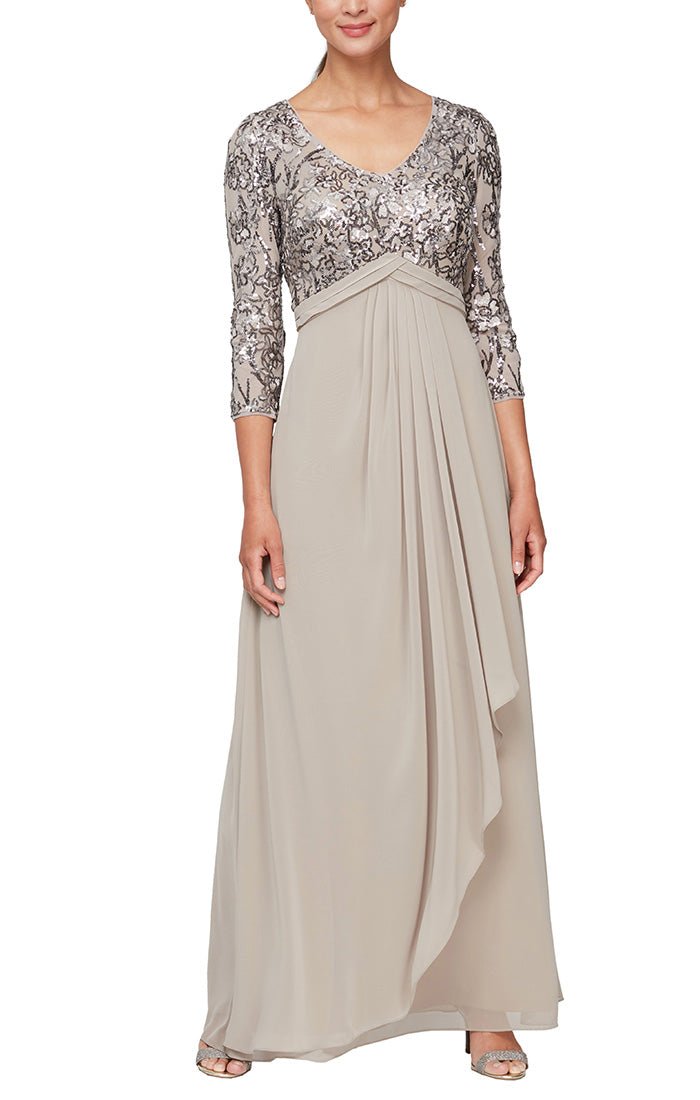 Long A Line V Neck Dress with Empire Waistline and Cascade Detail Skir