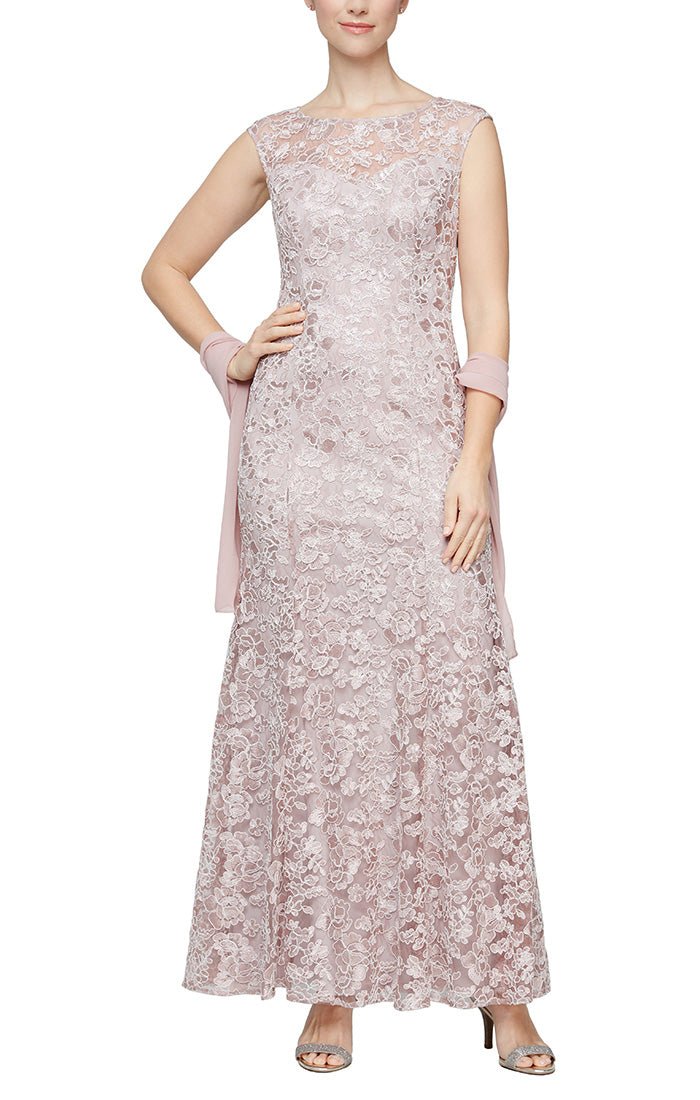 Long Embroidered Fit & Flare Dress with Illusion Neckline and Shawl