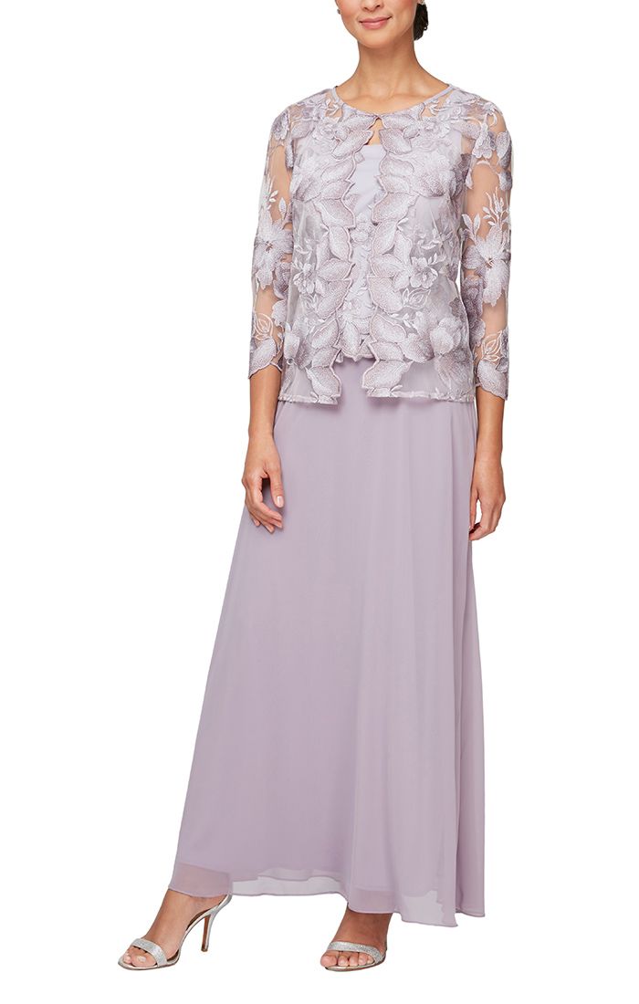 Long Embroidered Jacket Dress with Scallop Edge Detail & A-Line