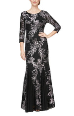 Long Fit and Flare Dress with Godet Detail Skirt and 3/4 Sleeves - alexevenings.com