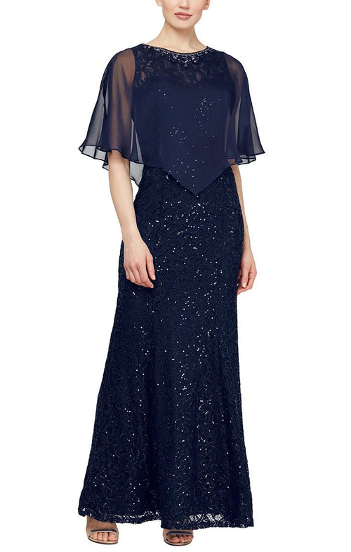 Long Fit and Flare Lace Gown with Beaded Chiffon Capelet Overlay - alexevenings.com