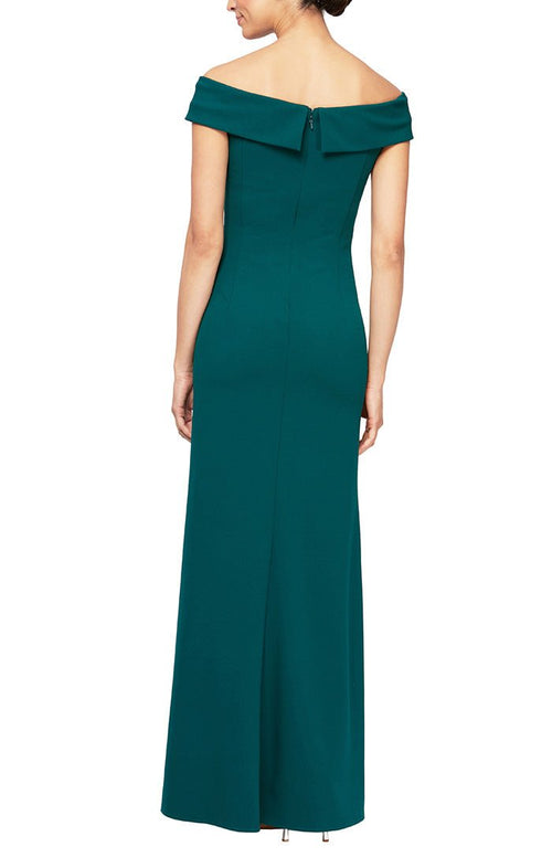 Long Off the Shoulder Fit and Flare Dress With Surplice Sweetheart Neckline, Beaded Hip Detail and Front Slit - alexevenings.com
