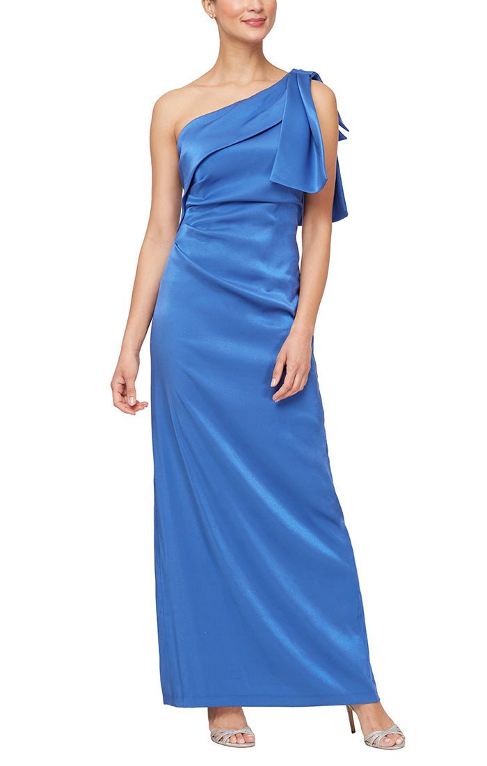 Long One Shoulder Shimmer Satin Dress with Bow Shoulder Detail