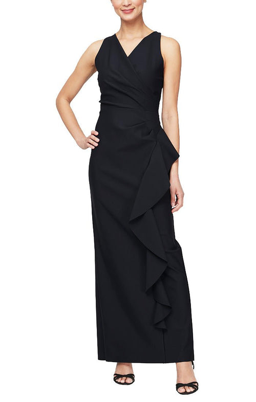 Long Sleeveless Compression Halter Style Dress with Cascade Ruffle Detail - alexevenings.com