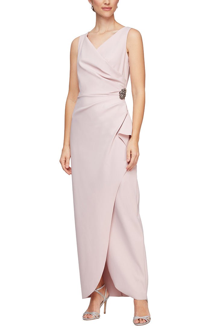 Petite Long Sleeveless Compression Sheath Gown with Surplice