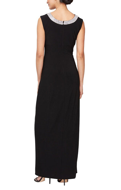 Long Sleeveless Matte Jersey Dress with Embellishment Detail at Neckline and Front Slit - alexevenings.com