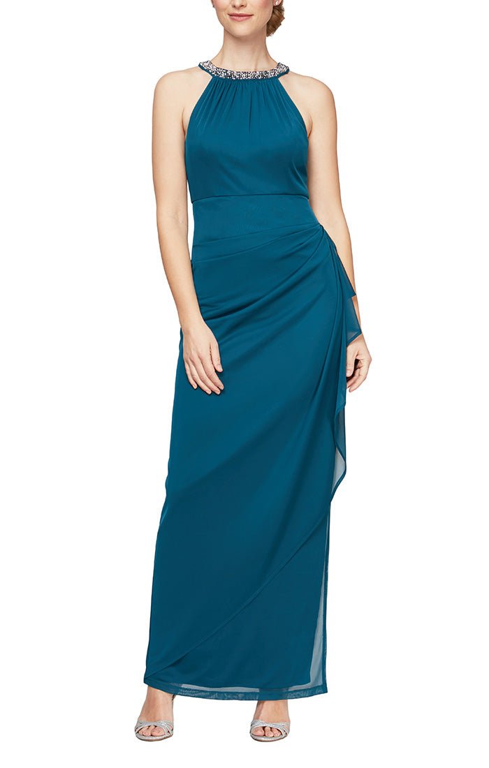 Long Sleeveless Dress With Beaded Halter Style Neckline and Cascade Ruffle  Detail Skirt