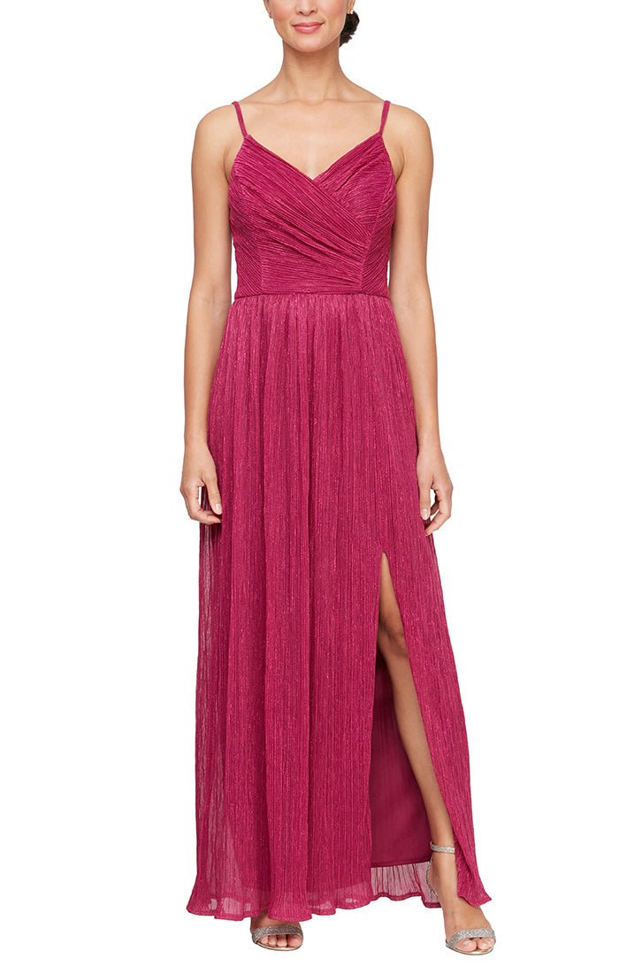 Long Spaghetti Strap Metallic Knit Gown with Surplice Neckline & Front Slit - alexevenings.com
PINK