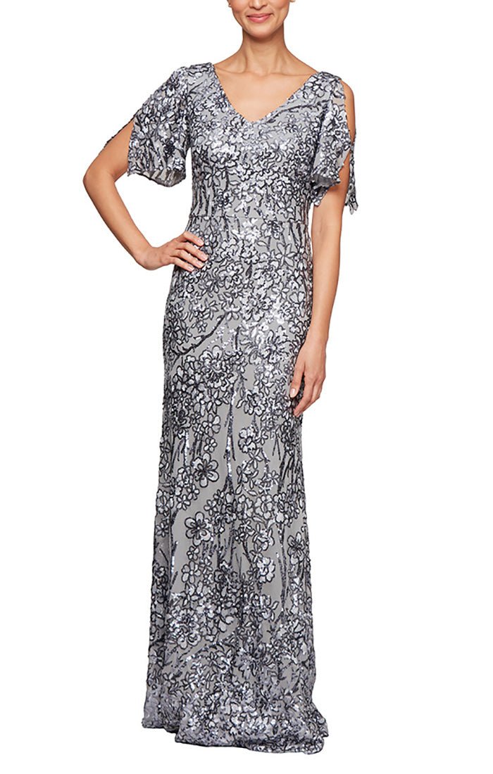 V-Neck Sequin Dress with Cold Shoulder Flutter Sleeve – alexevenings.com
