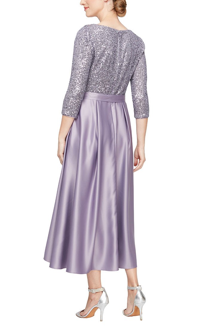 Midi Length Party Dress with Surplice Neckline, Tie Belt and Full Skirt - alexevenings.com