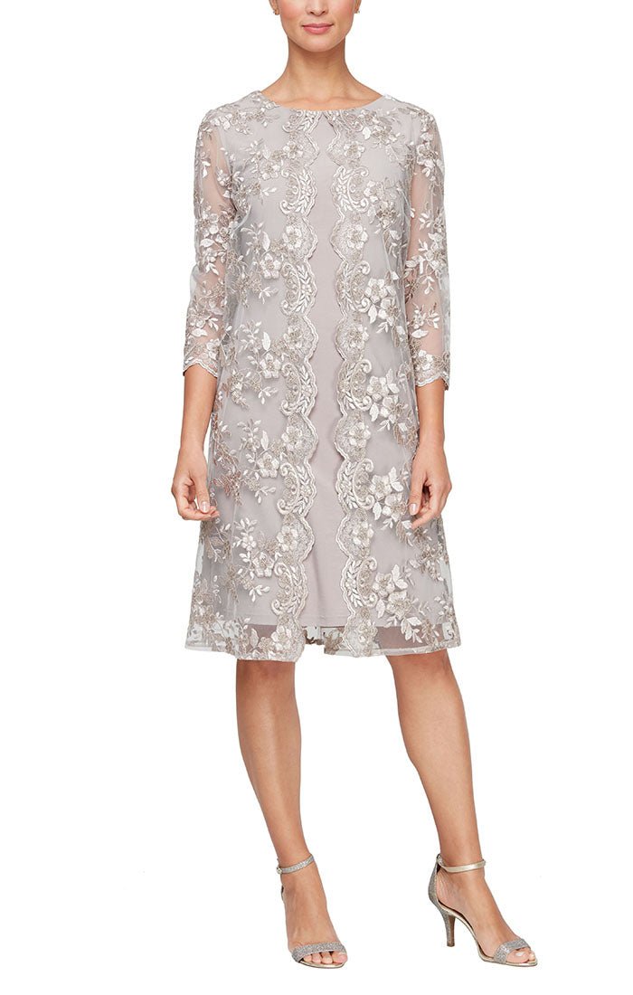 Petite Embroidered Mock Jacket Dress with Illusion Sleeves