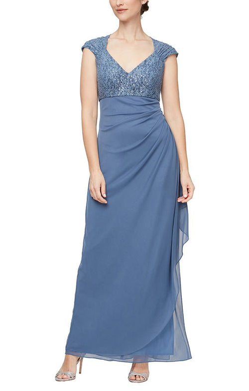 Petite Long Cap Sleeve Empire Waist Dress with Cording Detail and Cascade Skirt - alexevenings.com
