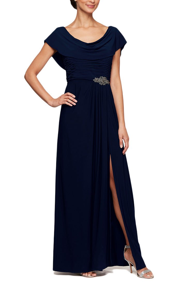 Alex Evenings Petite Embellished Waist Cowlneck Gown Navy Size 8p