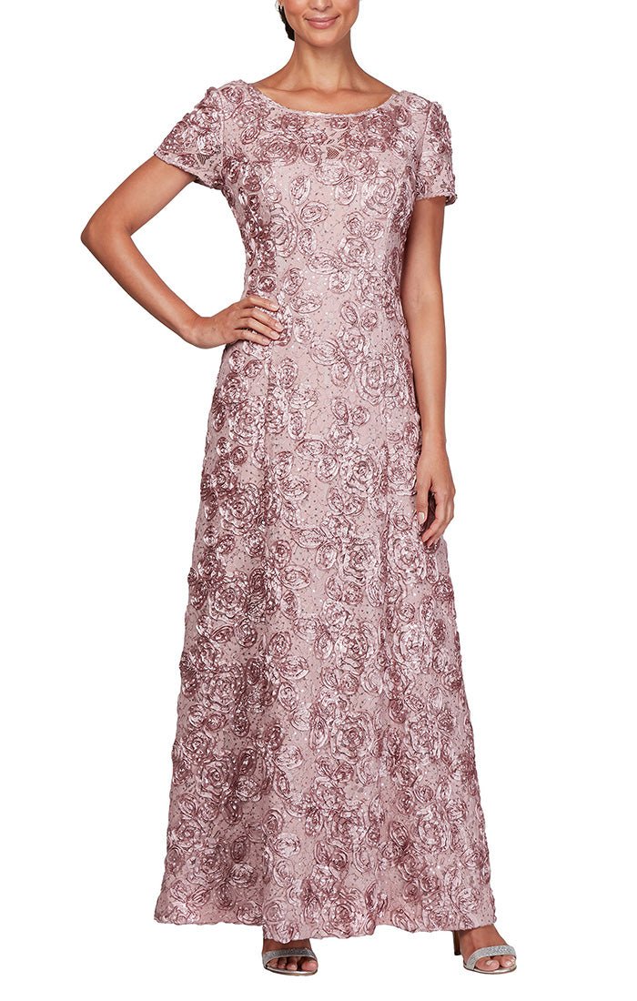 Petite Long Rosette A Line Gown with Sequin Detail Short Illusion Sleeves