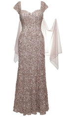 Petite Long Soutache Sweetheart Neckline Dress With Cap Sleeves and Shawl - alexevenings.com