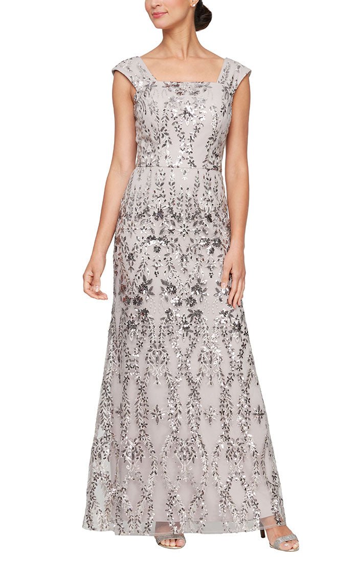 Petite Sleeveless Embroidered Fit & Flare Dress with Square Neckline - alexevenings.com