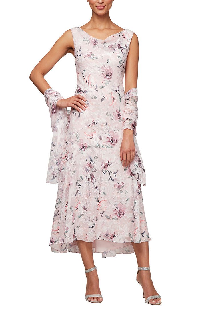 Petite Tea-Length Cowl Neck Printed Dress with High/Low Skirt and Shaw –