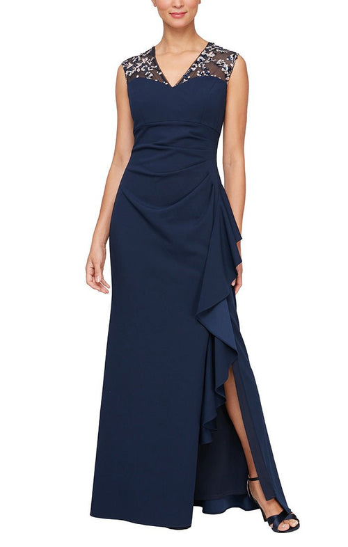 Petite V-Neck Stretch Crepe Gown with Embroidered Illusion Neckline & Cascade Ruffle Skirt - alexevenings.com