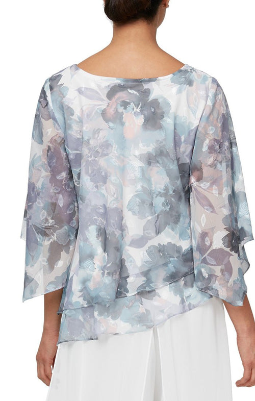 Plus 3/4 Sleeve Printed Blouse with Embellished Cutout Neckline & Asymmetric Tiered Hem - alexevenings.com