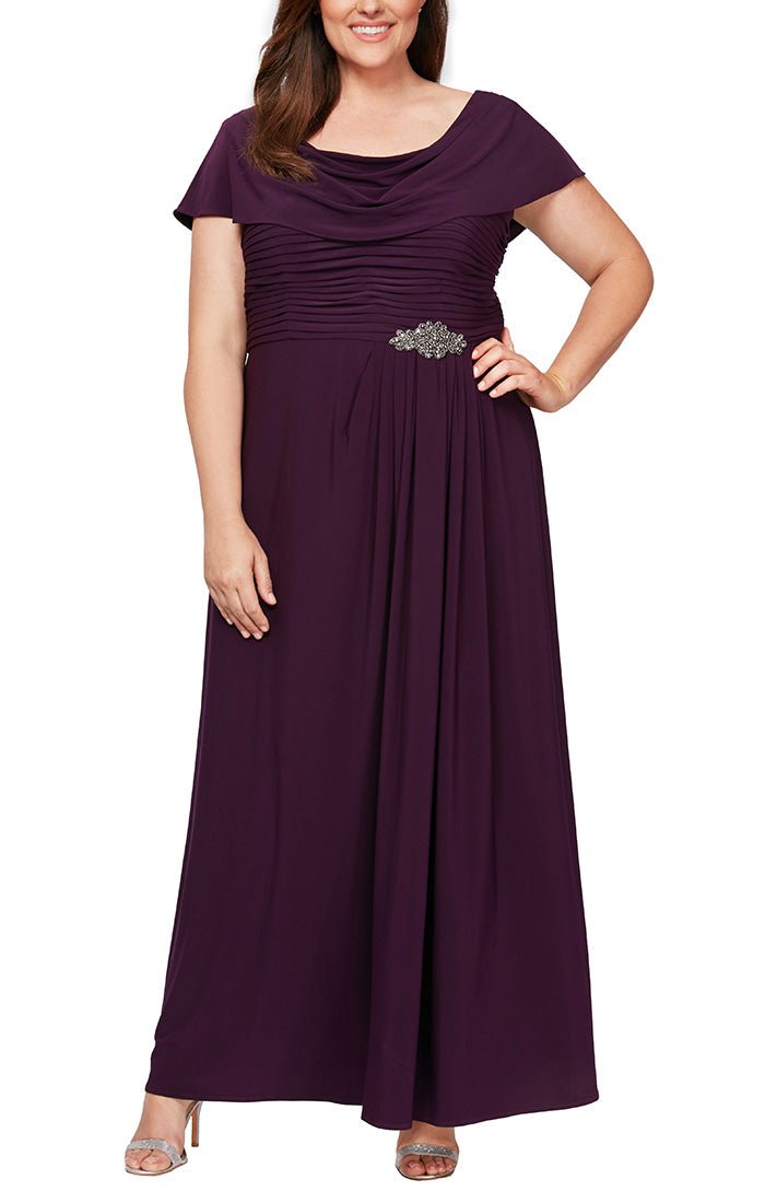 Plus Long Cowl Neck A Line Matte Jersey Dress with Pleated Bodice Deta