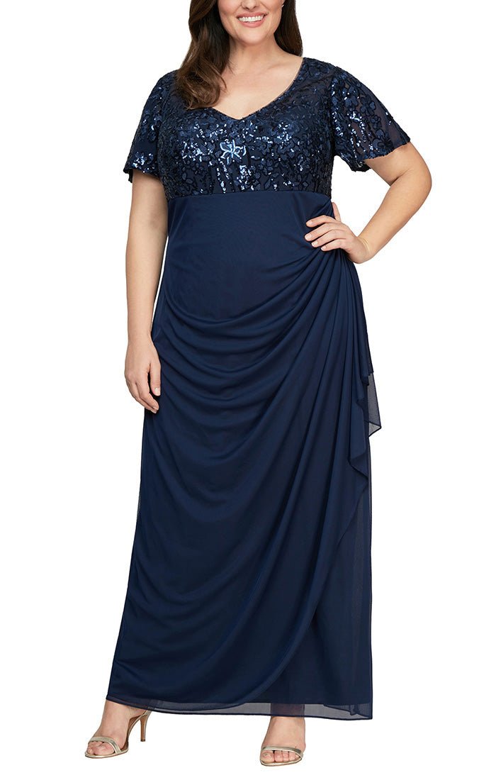 Plus Long Empire Waist Dress with Embroidered Sequin Bodice, Flutter – alexevenings.com