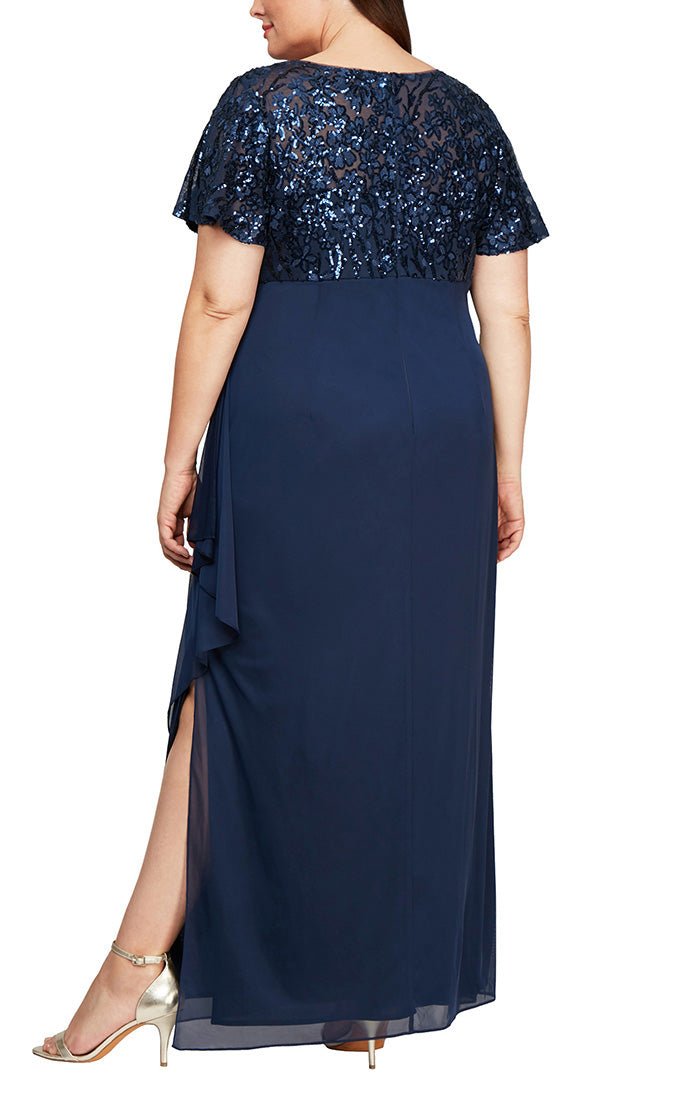 Plus Long Empire Waist Dress with Embroidered Sequin Bodice, Flutter Sleeves and Cascade Detail Skirt - alexevenings.com