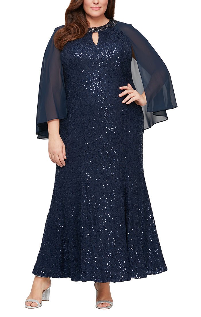 Plus Fit & Flare Sequin Lace Gown with Embellished Keyhole Cutout Neck –