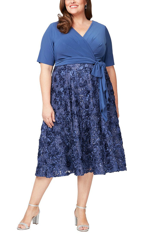 Plus - Tea-Length Lace & Jersey Cocktail Dress with Full Rosette Lace Skirt and Tie Belt - alexevenings.com
