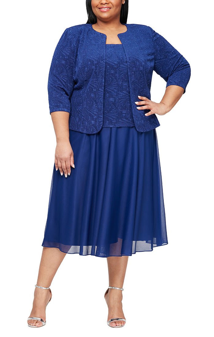 Plus Tea Length Mock Jacket Dress with Square Neckline, Open Jacket and Full Skirt - alexevenings.com