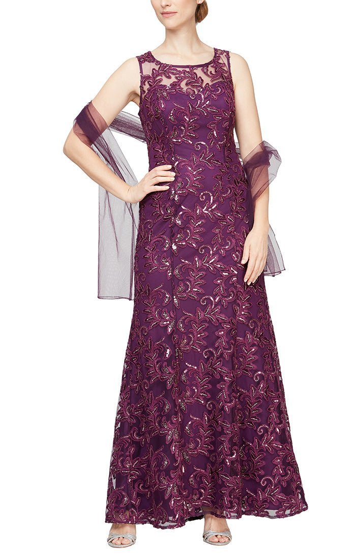 Regular - Long Embroidered Tulle Sleeveless Gown with Sweetheart Illusion Neckline and Matching Shawl - alexevenings.com