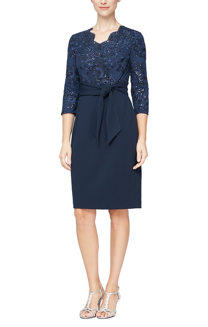 Regular - Short Sheath Dress with Embroidered Surplice Neckline, 3/4 Sleeves and Tie Belt Detail - alexevenings.com