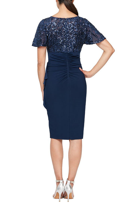 Regular - Short V-Neck Empire Waist Sheath Dress with Flutter Sleeves & Cascade Detail Skirt - alexevenings.com