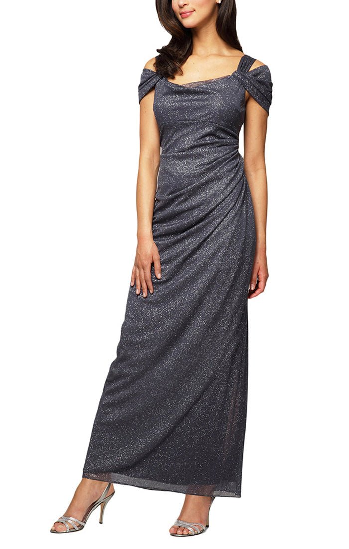 Cold Shoulder Glitter Mesh Dress with Draped Skirt Cowl Neckline