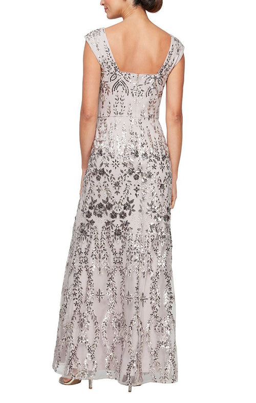 Sleeveless Embroidered Fit & Flare Dress with Square Neckline - alexevenings.com