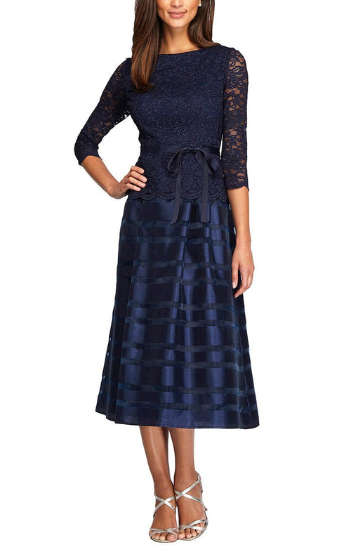 Tea-Length Cocktail Dress with Lace Bodice with Illusion 3/4 Sleeves and Striped Organza Skirt - alexevenings.com