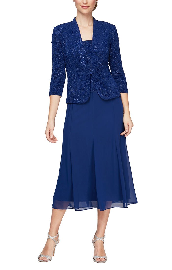 Glitter Jacquard Knit Jacket Dress with Tea-Length Mesh Skirt
