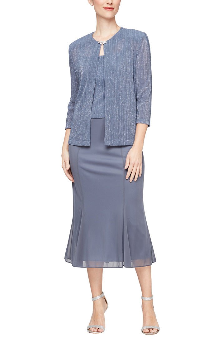Tea Length Pleated Glitter Mesh Jacket Dress with Hook Neck Closure Jacket and Square Neck Bodice - alexevenings.com
