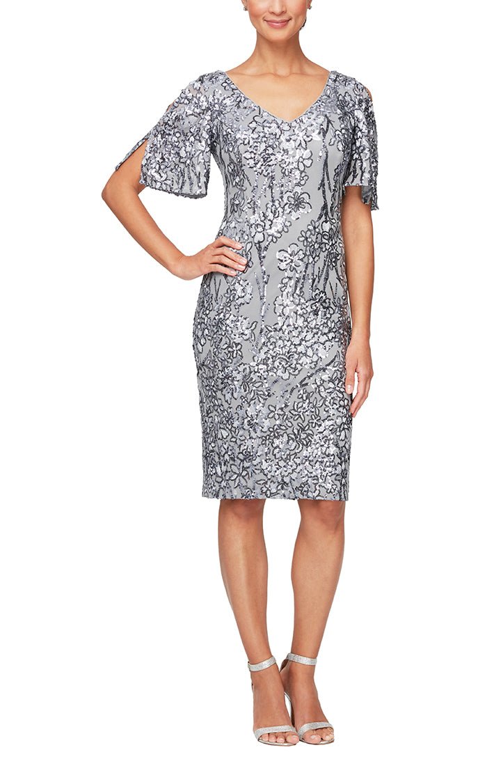 V Neck Sequin Cocktail Dress with Cold Shoulder Flutter Sleeves