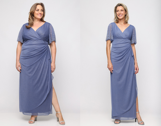 two women wearing the same blue dress