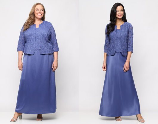 two women in blue dresses