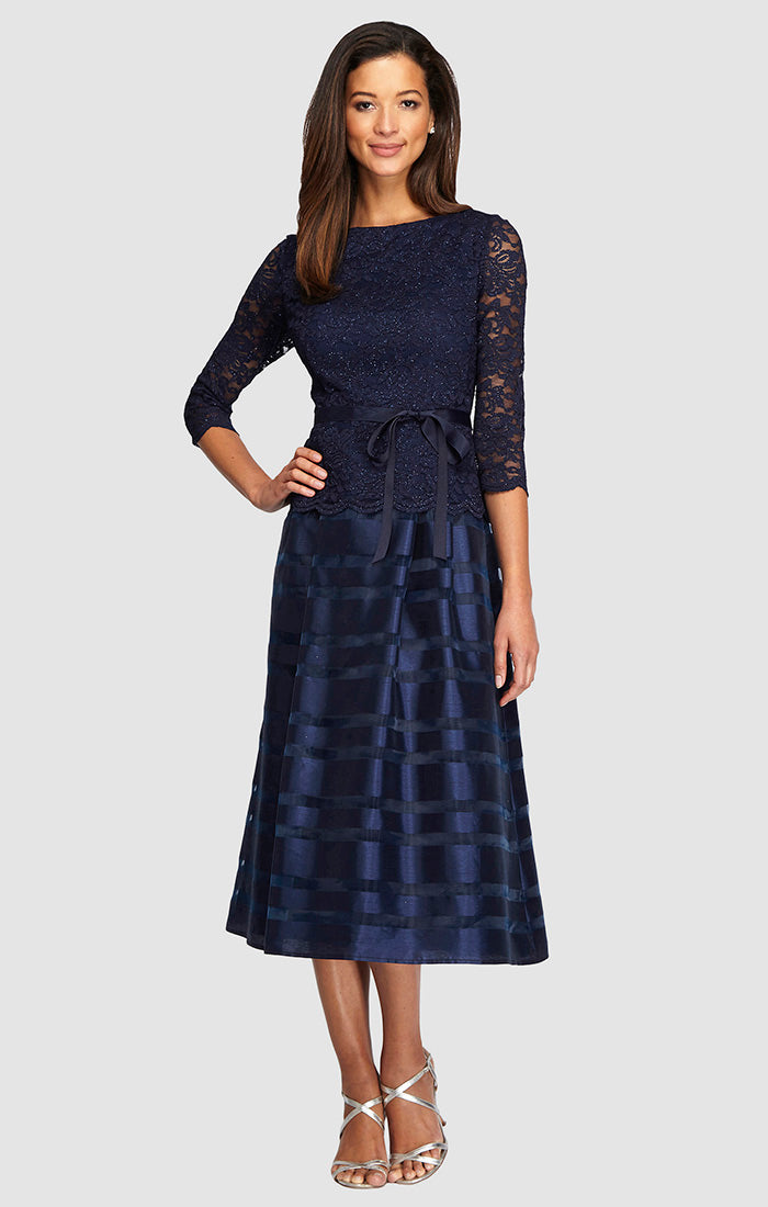 Petite - Cocktail Dress with Lace Bodice & Striped Organza Skirt